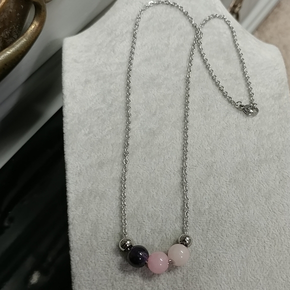 Rose Quartz Amethyst Three Bead Necklace Natural Gemstone Crystal StainlessSteel - Picture 12 of 14